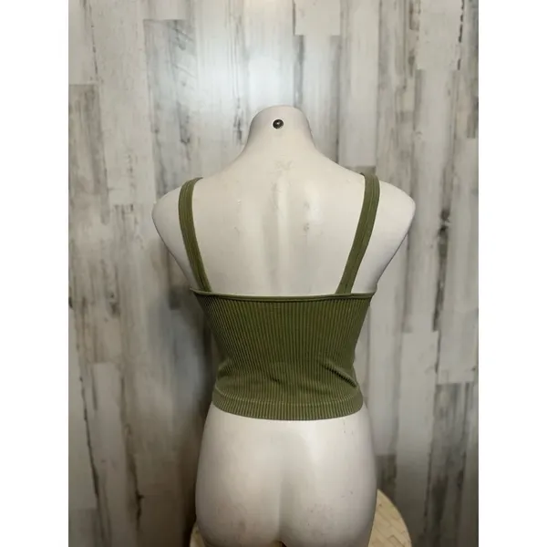 Seamless Ribbed V-Neck Crop Tank Top Womens M Sage Olive Green Bralette - Image 3