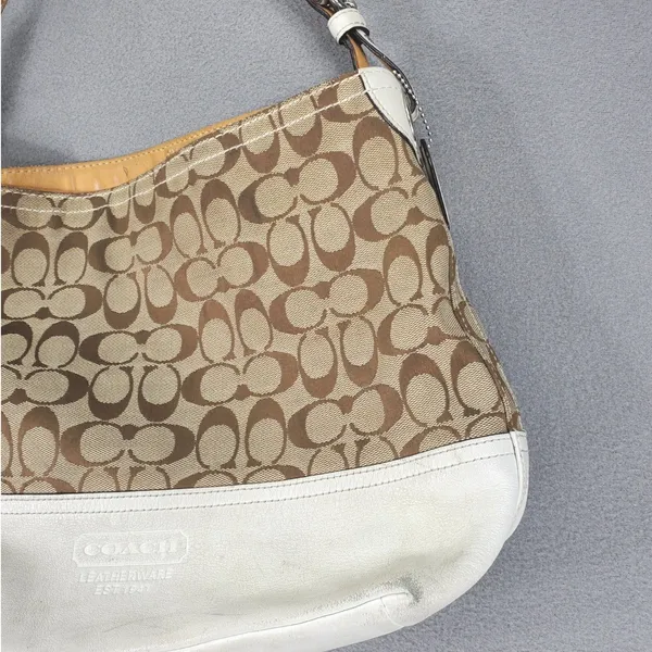 Coach Shoulder Bag Brown White Signature C Jacquard Leather 2156 Hobo Y2K - Image 3
