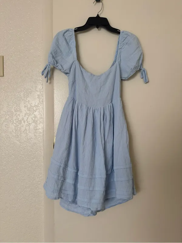 Hello Molly Light Blue Textured Tiered Mini Dress Open Cutout Back Size 8 - Image 2