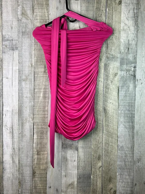 Lucy In The Sky Pink Medium Ruched Mini Dress Ties around The Neck (Flawed-Hole) - Image 3