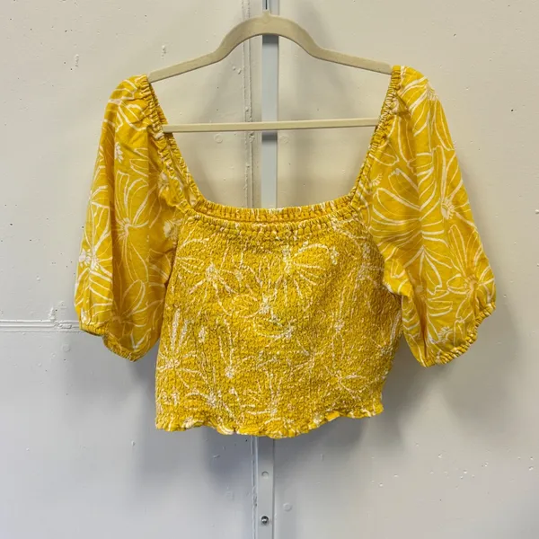 NWT Universal Thread Linen Blend Floral Smocked Puff Sleeve‎ Crop Top XL Yellow - Image 2