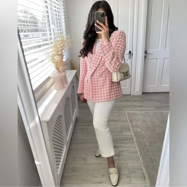 Bloggers Fave Zara Textured Tweed Checkered Pink White Double Breasted Blazer - Image 4