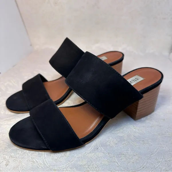 Steve Madden Ilena Suede Leather Strap Black Mules with Wooden Heel Size 6 - Image 2