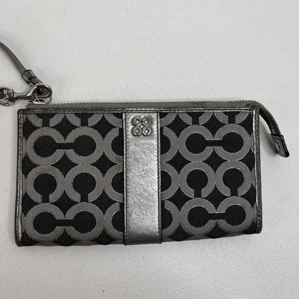 COACH Julia OP Signature Lurex Silver Black Clutch Zippy‎ Wallet Large Wristlet - Image 3