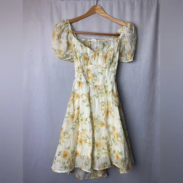 Blu Pepper Yellow Boho Milkmaid Romantic Summer Floral Midi Dress S - Image 2