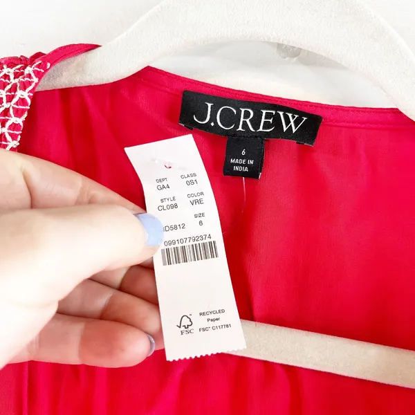 J. Crew Smocked-Trim Short Sleeve Midi Slip Dress in Crepe De Chine Red 6 - Image 2