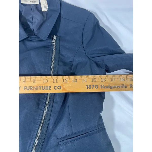 DKNY Jeans Asymmetrical Zip Jacket‎ Women Petite S Navy Moto Crop Biker Modern - Image 11
