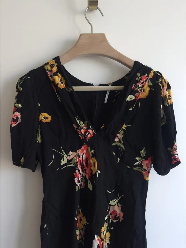 Free People Neon Garden Mini Dress Black Floral V Neck Boho Size 10 - Image 3
