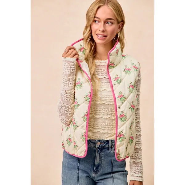 BiBi Floral Print Piping Detail Quilted Vest - Cream/Pink - Medium - Image 11