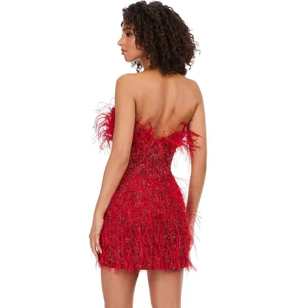 ASHLEYlauren 4615 Red Beaded Feather Cocktail Dress Strapless 2 Pageant Prom - Image 3