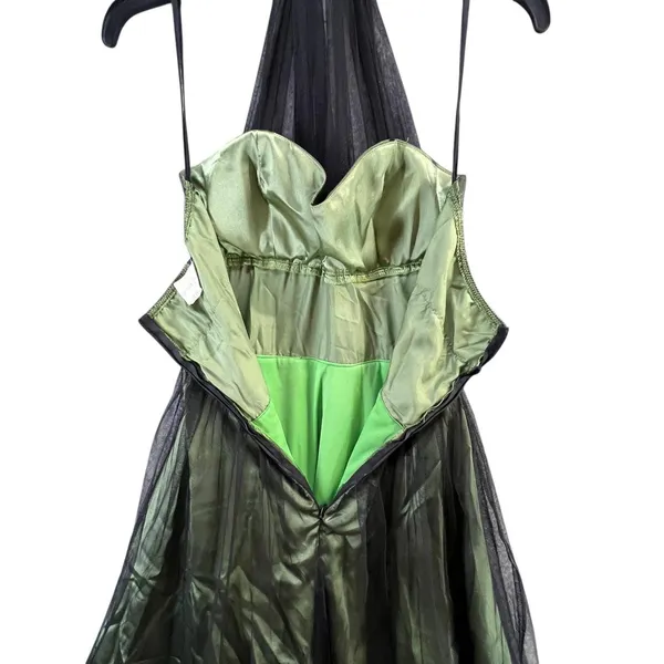 Vintage Y2K Cumbia Dress‎ XS Green Satin Black Mesh Goth Dark Fairy Whimsygoth - Image 10