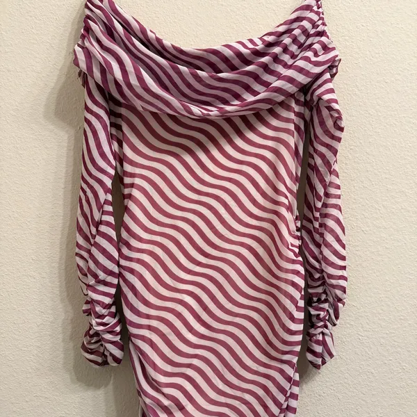 Anthropologie Off-The-Shoulder Mesh Maxi Dress Bodycon Ruched XS Pink White- NEW - Image 12