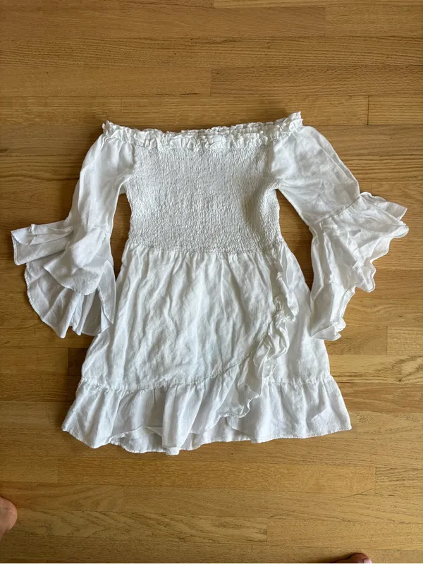 Dance & Marvel White Off-Shoulder Smocked Tunic with Ruffle Sleeves - Image 2