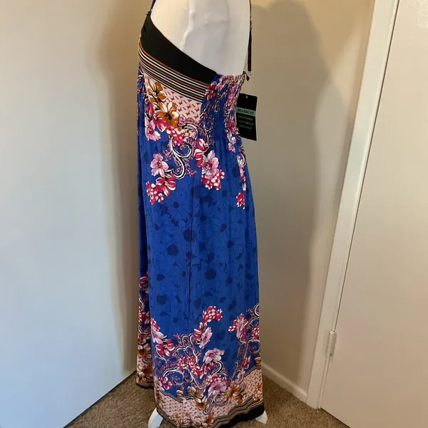 NWT La La Muse Blue Black Floral Strapless Halter Maxi Dress Size XL Boho Chic - Image 5
