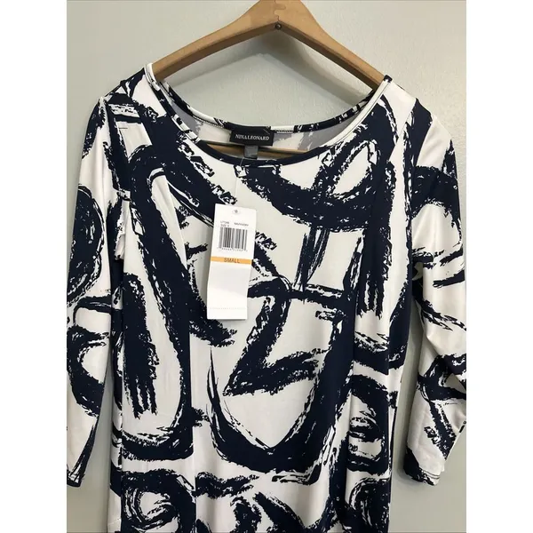 Nina Leonard White &Navy Abstract A Line‎ Midi Dress Sz Small - Image 2