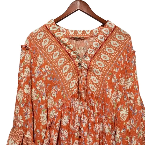C&C California Boho Paisley Peasant Tunic L Orange Festival Folk‎ Cottagecore - Image 3
