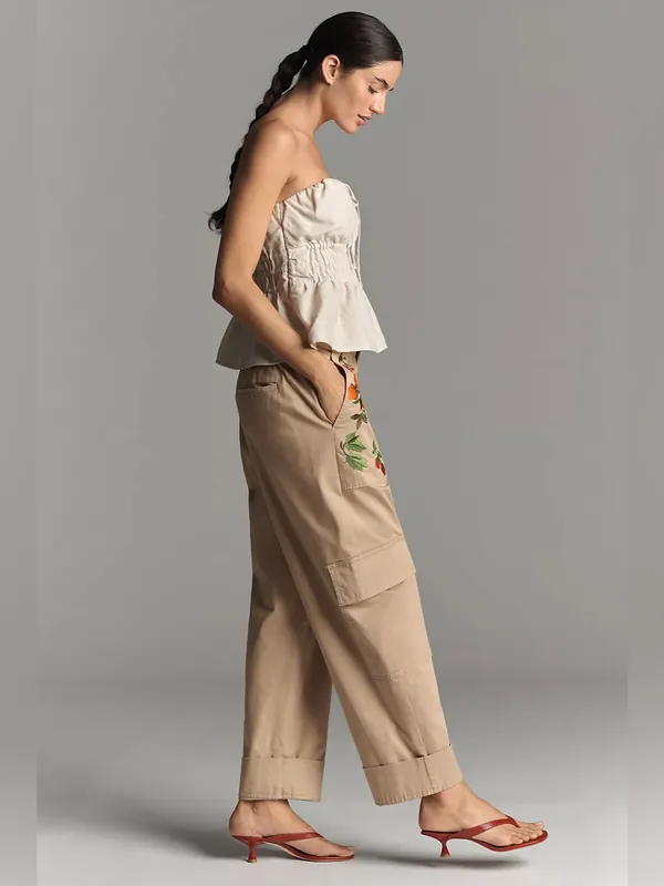 NWT Anthropologie Embroidered Floral Cargo Pants Tan M - Image 3