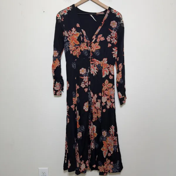 Free People Women Miranda Dress 2‎ Black Floral Whimsigoth Midi Date Night - Image 2