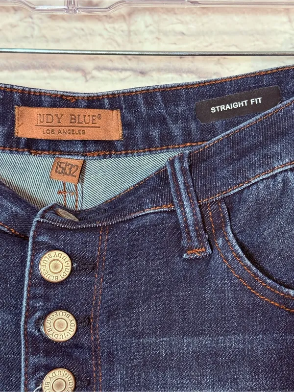 Judy Blue Dark Indigo Button Fly Straight Fit Jeans, 15/32 - Image 3