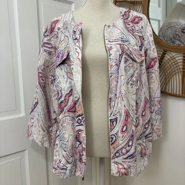 Chico's‎ Linen Zip Up Jacket Shacket Sz 3 (XL) Boho Chic Coastal Paisley Career - Image 4