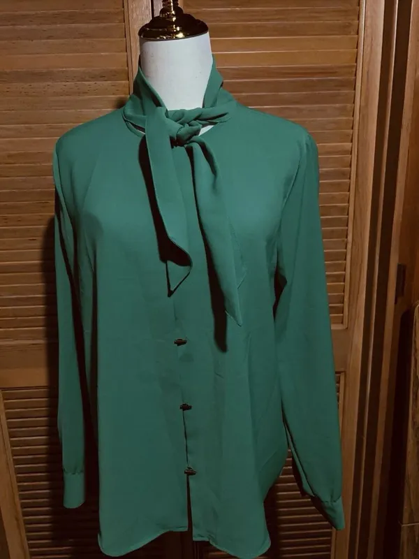 ZARA Green Chiffon Polyester Collared Tie Neck Button Blouse Long Sleeve M - Image 3
