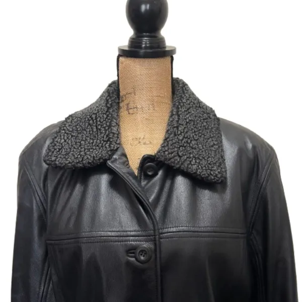 American Vintage Vintage 90s Middlebrook Park Leather Jacket Sherpa Collar Black Edgy Size‎ Large - Image 2