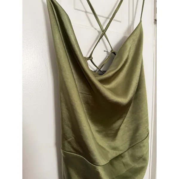 Club L London Olive Green Satin Cowl Neck Ruched Asymmetrical Midi Dress size 10 - Image 11