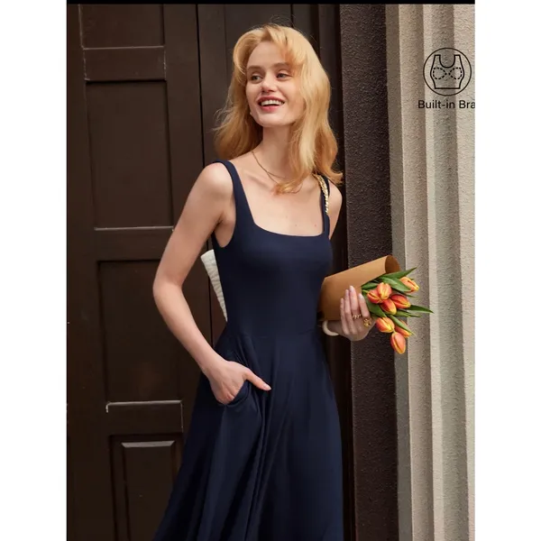 OGL Move Square Neck Flowy Midi Bra Dress Midnight Navy Blue Small NEW - Image 3