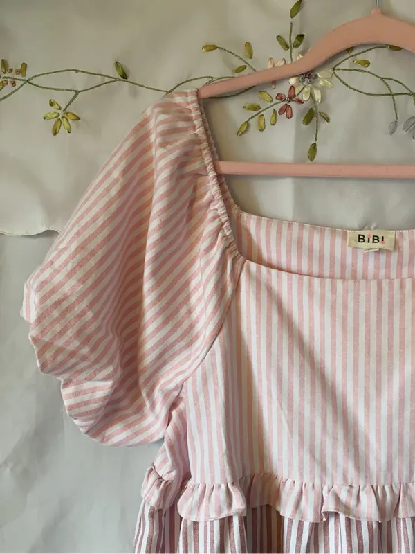 BiBi Cute Pink Pastel Stripe Ruffle Tier Puff Sleeve Babydoll Summer Dress Sz XL - Image 7