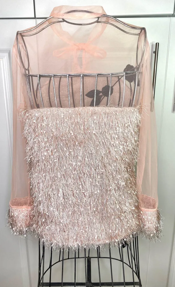 Blush Pink Contrast Mesh Tie Neck Shaggy Fringe Blouse - Image 12