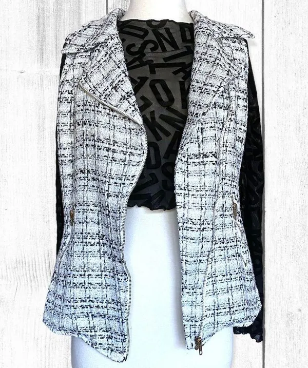 Tinley Road Retro Glam Business Professional Zip Black White Plaid Tweed Vest - Image 4