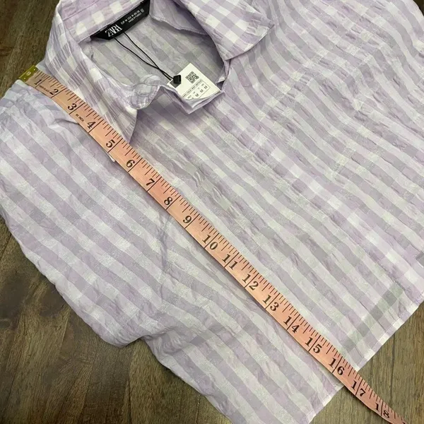 Zara Cropped Lilac Gingham Shoulder Padded Poplin Shirt - Image 5
