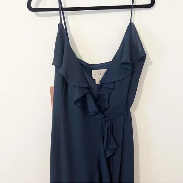 BHLDN Hailee Ruffle-Neck Wrap Georgette Gown Blue Navy Bridesmaids Size 10 NWT - Image 5