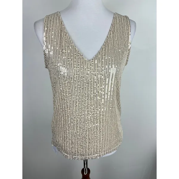 Champagne Gold Sequin V-Neck Tank Top Size Medium NWT Holiday Glam - Image 2