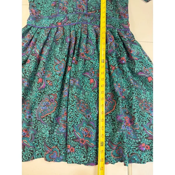 Vintage Phool Paisley Midi‎ Dress Teal Purple Mock Neck Short Sleeve India M - Image 4