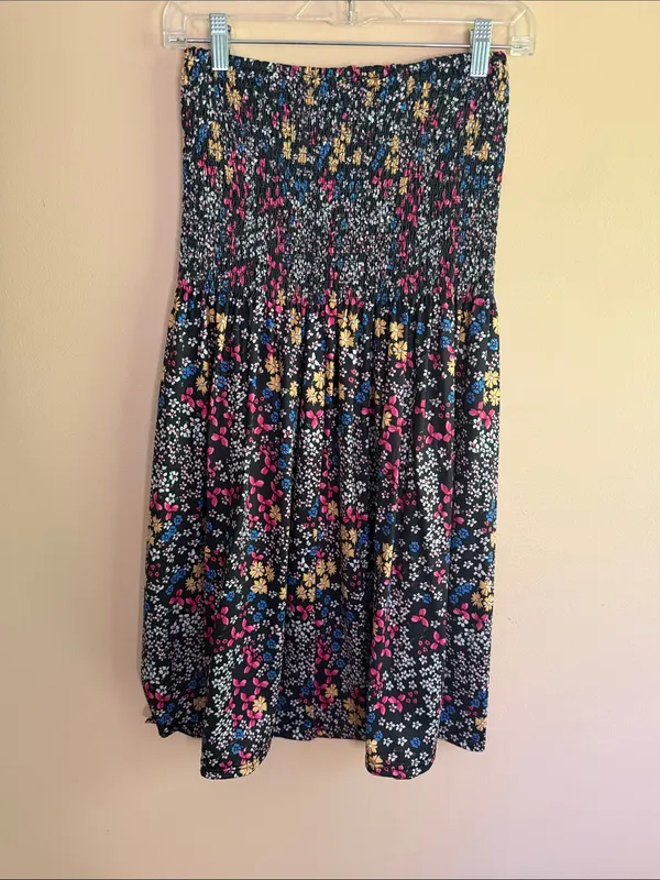 Smocked Waist Floral Midi Skirt - Black with Pink, Yellow & Blue Flowers - Image 5