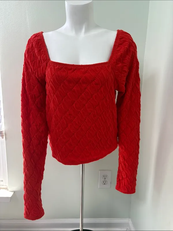 ANTHROPOLOGIE Maeve‎ Popcorn Long Sleeve Square Neck Red Tee Large - Image 5