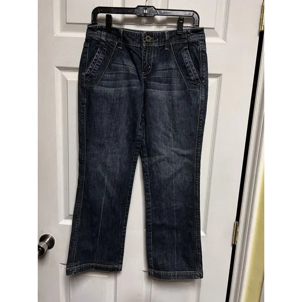 Womens Dark Wash Cropped Flare Jeans Low Rise Y2K‎ Style Denim Blue 31x25 - Image 2