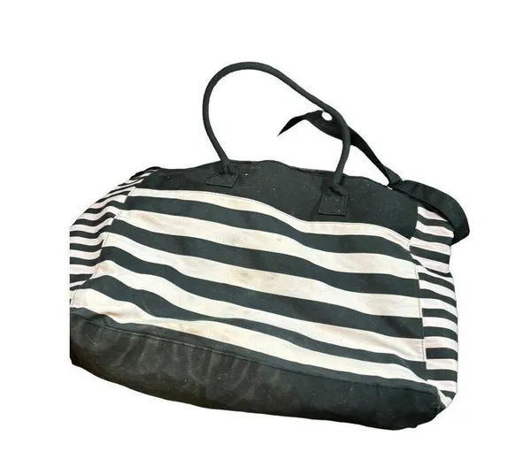Victoria's Secret Black & White Striped Canvas Tote Bag With Handles - Image 10