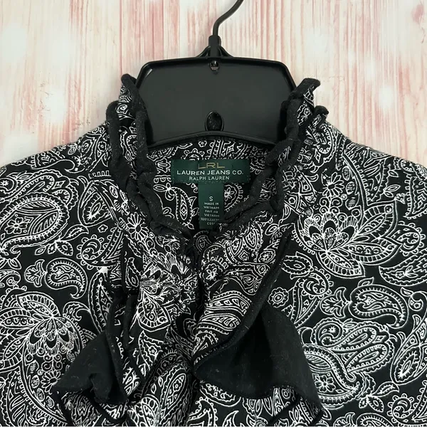 Lauren Ralph Lauren Black White Paisley Ruffle Front Long Sleeve Blouse Sz S - Image 5