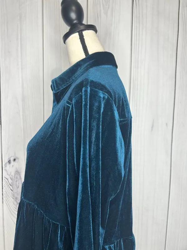 Umgee Teal Velvet Button Up Shirt Sz M Babydoll Western Yoke Long Sleeve - Image 5