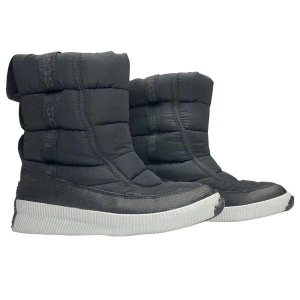 Sorel Out and About Mid Puffer Boots Womens 6.5‎ Black White EUC - Image 2