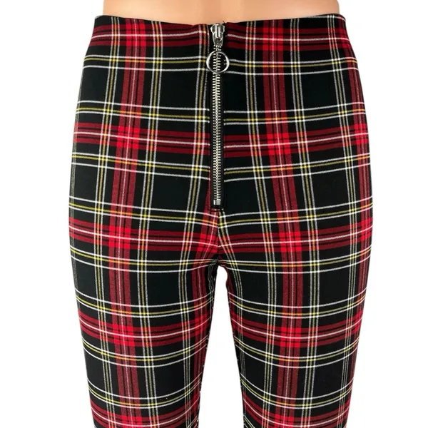 Zara Women's Red Plaid Checkered Zipper Front Skinny High Rise Legging Pants S - Image 4
