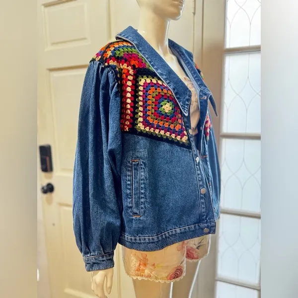 Farm Rio X Anthropologie Crochet Denim Trucker Jacket SZ Medium - Image 5