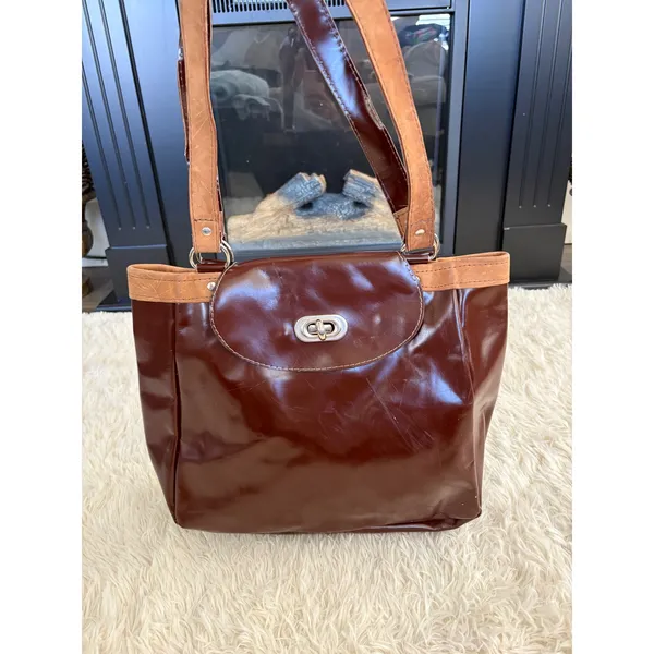 Brown Tote‎ Bag Purse Shoulder Bag Vintage Style Flap Over Closure Work School - Image 5