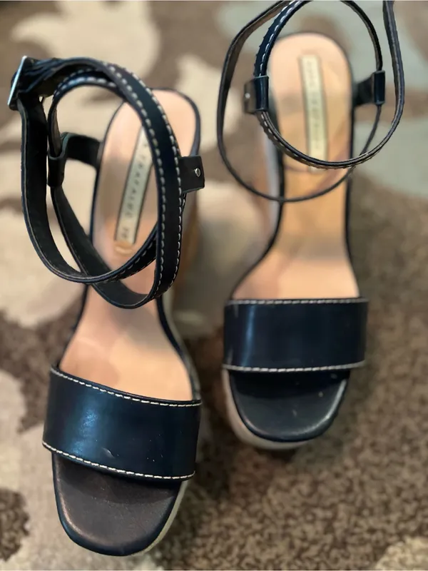 Zara Navy Blue Strappy Cork Platform Wedge Sandals - Image 3