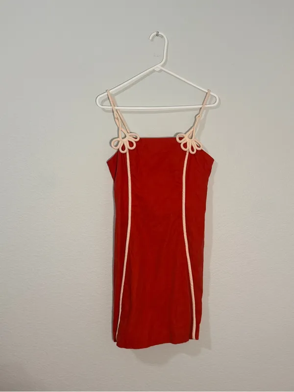 FARM Rio Piped Linen Red Mini Dress with Cream Trim size Medium - Image 3