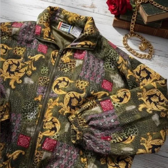 Div Rousso 100% Silk Vintage 90s Baroque & Leopard Print Bomber Jacket Womens Sm - Image 2