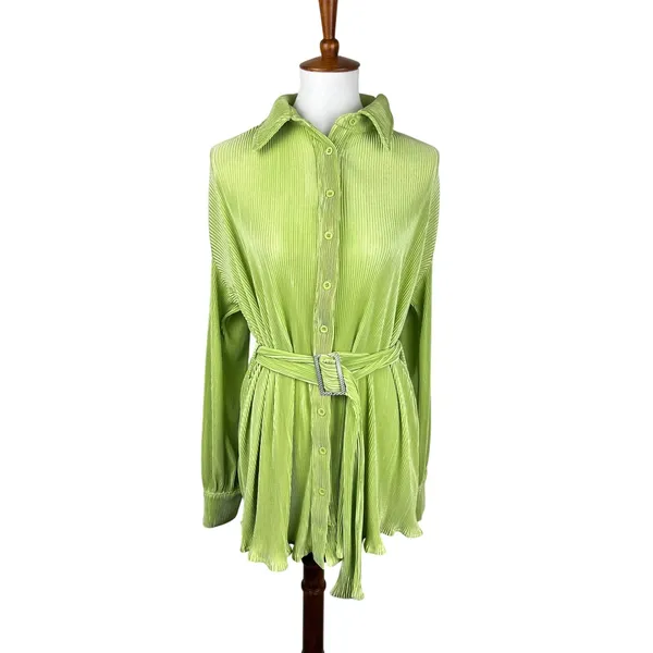 Thats So Fetch Lime Green Plisse Belted Mini Shirt Dress Size 4 - Image 2