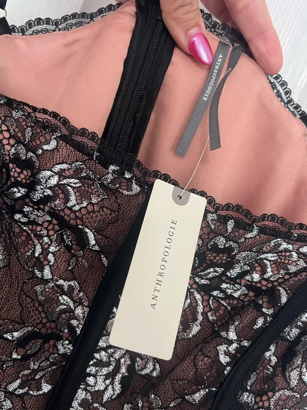Anthropologie Metallic Floral Lace Midi Dress Cocktail Party Romantic Y2K XS - Image 6
